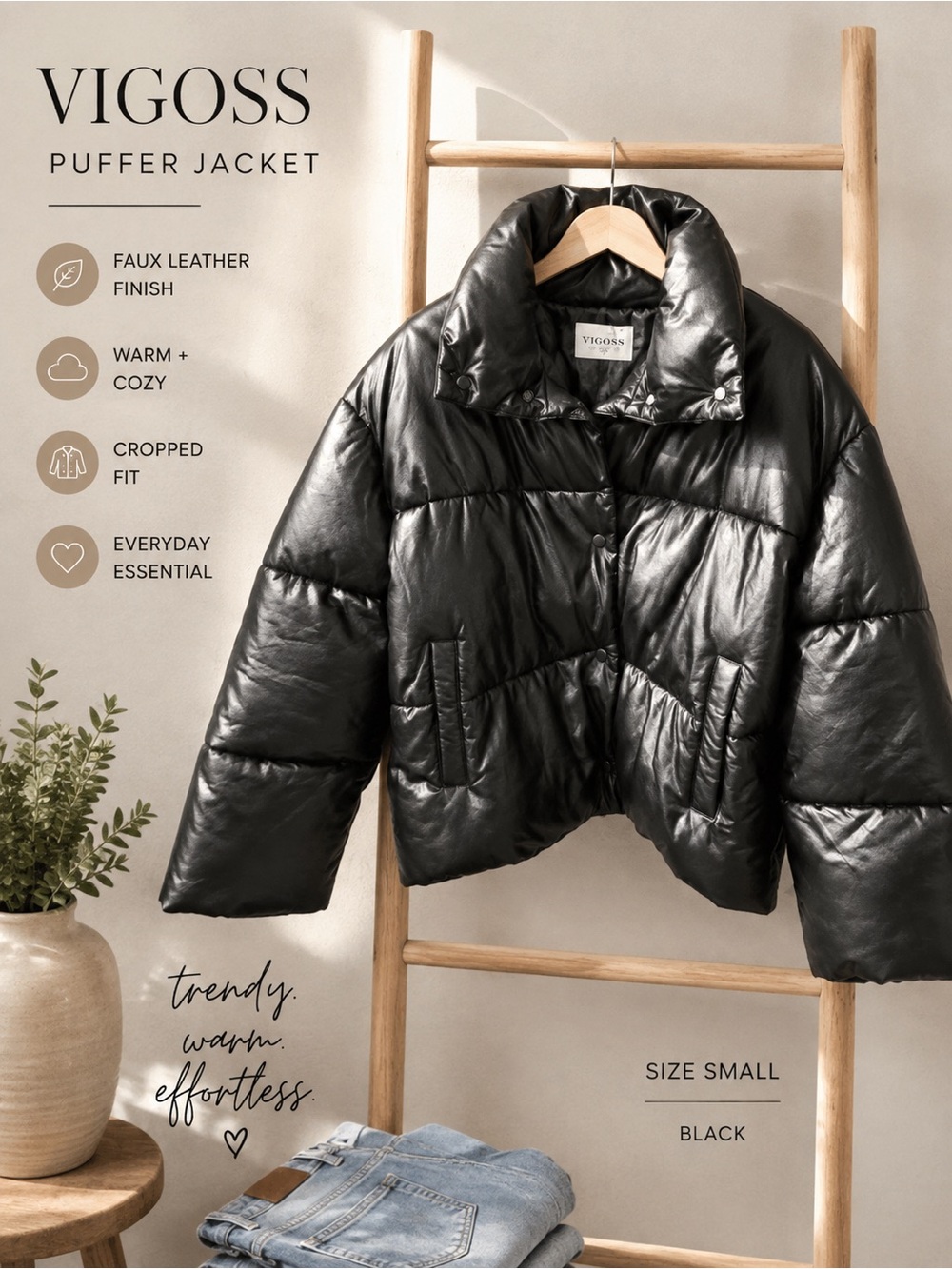 VIGOSS Black Faux Leather Cropped Puffer Jacket